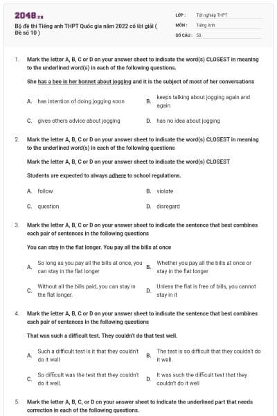 Bộ đề thi Tiếng anh THPT Quốc gia năm 2022 có lời giải ( Đề số 10 )