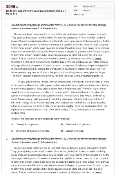 Bộ đề thi Tiếng anh THPT Quốc gia năm 2022 có lời giải ( Đề số 11 )