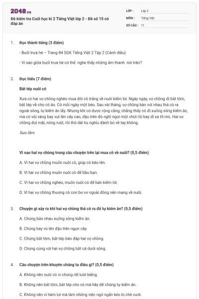 Đề kiểm tra Cuối học kì 2 Tiếng Việt lớp 2 - Đề số 15 có đáp án