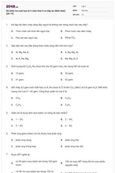 Đề kiểm tra cuối học kì 2 môn Hoá 9 có đáp án (Mới nhất) (đề 14)