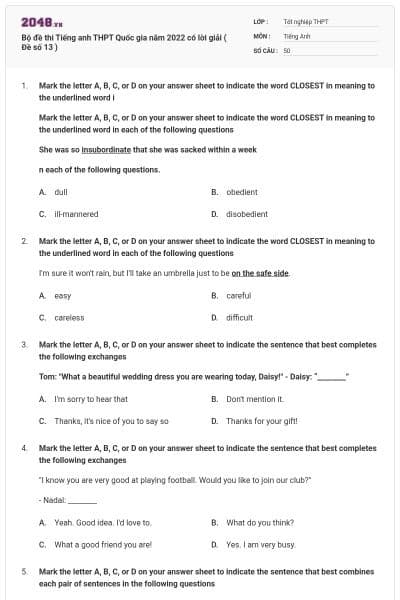 Bộ đề thi Tiếng anh THPT Quốc gia năm 2022 có lời giải ( Đề số 13 )