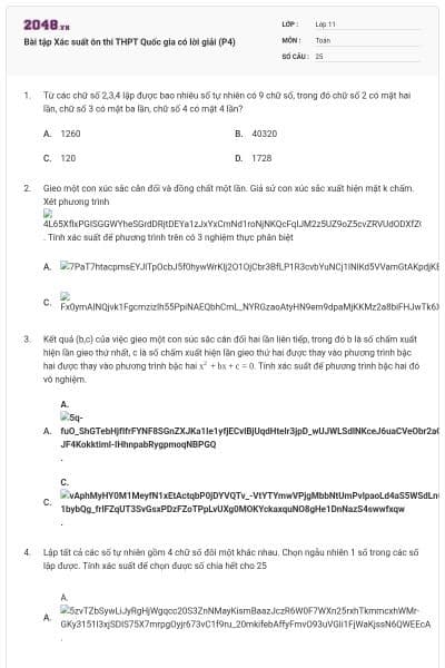 Bài tập Xác suất ôn thi THPT Quốc gia có lời giải (P4)