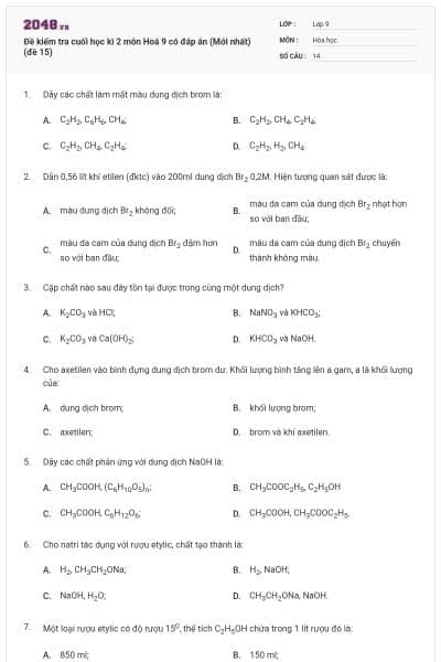 Đề kiểm tra cuối học kì 2 môn Hoá 9 có đáp án (Mới nhất) (đề 15)