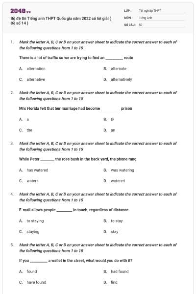 Bộ đề thi Tiếng anh THPT Quốc gia năm 2022 có lời giải ( Đề số 14 )