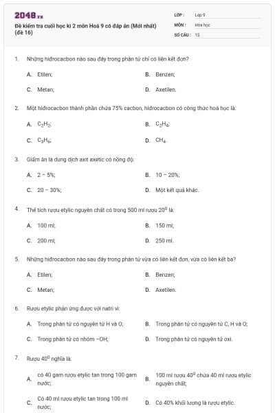 Đề kiểm tra cuối học kì 2 môn Hoá 9 có đáp án (Mới nhất) (đề 16)