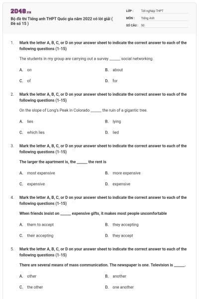 Bộ đề thi Tiếng anh THPT Quốc gia năm 2022 có lời giải ( Đề số 15 )