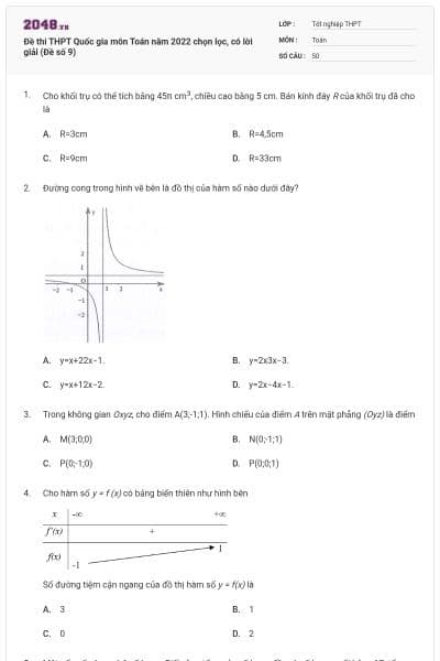 Đề thi THPT Quốc gia môn Toán năm 2022 chọn lọc, có lời giải (Đề số 9)