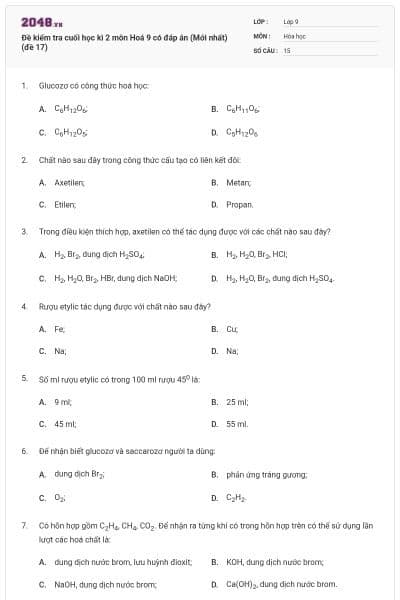 Đề kiểm tra cuối học kì 2 môn Hoá 9 có đáp án (Mới nhất) (đề 17)