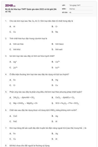 Bộ đề thi Hóa học THPT Quốc gia năm 2022 có lời giải (Đề số 18)