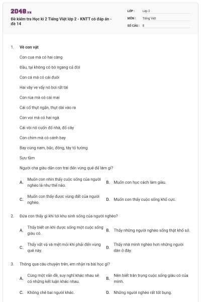 Đề kiểm tra Học kì 2 Tiếng Việt lớp 2 - KNTT có đáp án - đề 14