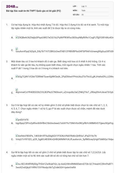 Bài tập Xác suất ôn thi THPT Quốc gia có lời giải (P2)