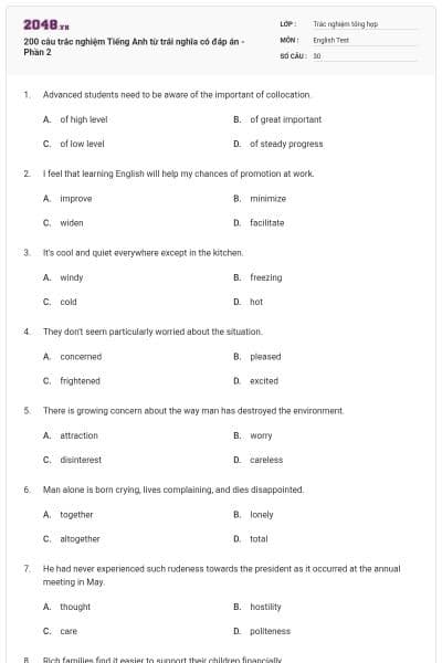 200 câu trắc nghiệm Tiếng Anh từ trái nghĩa có đáp án - Phần 2