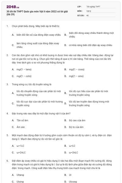 30 đề thi THPT Quốc gia môn Vật lí năm 2022 có lời giải (Đề 29)