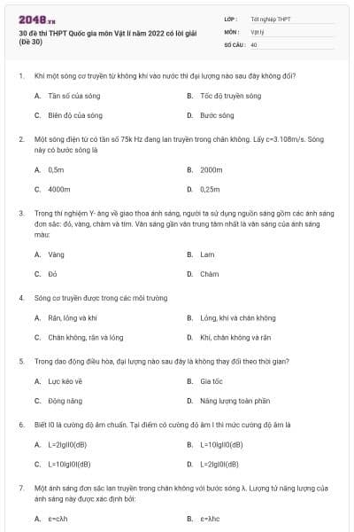 30 đề thi THPT Quốc gia môn Vật lí năm 2022 có lời giải (Đề 30)