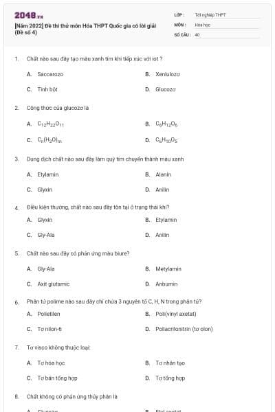 [Năm 2022] Đề thi thử môn Hóa THPT Quốc gia có lời giải (Đề số 4)