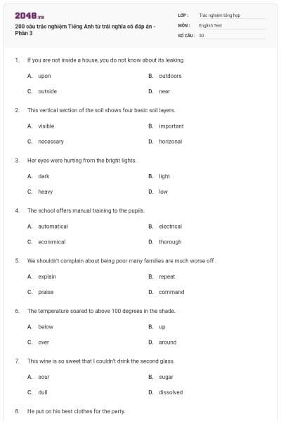 200 câu trắc nghiệm Tiếng Anh từ trái nghĩa có đáp án - Phần 3