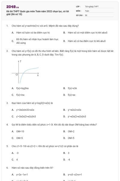 Đề thi THPT Quốc gia môn Toán năm 2022 chọn lọc, có lời giải (Đề số 10)