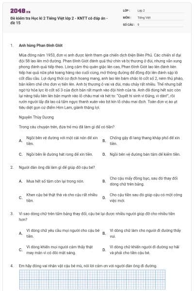 Đề kiểm tra Học kì 2 Tiếng Việt lớp 2 - KNTT có đáp án - đề 15