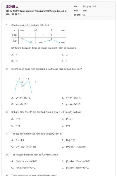 Đề thi THPT Quốc gia môn Toán năm 2022 chọn lọc, có lời giải (Đề số 11)
