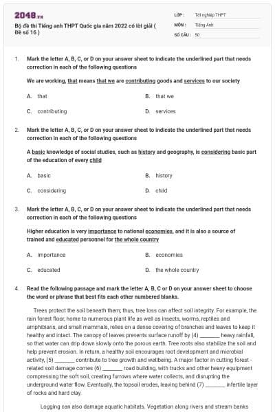 Bộ đề thi Tiếng anh THPT Quốc gia năm 2022 có lời giải ( Đề số 16 )
