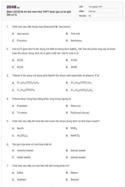 [Năm 2022] Đề thi thử môn Hóa THPT Quốc gia có lời giải (Đề số 5)