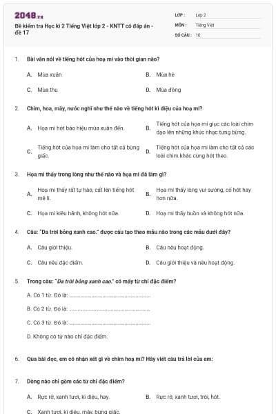 Đề kiểm tra Học kì 2 Tiếng Việt lớp 2 - KNTT có đáp án - đề 17