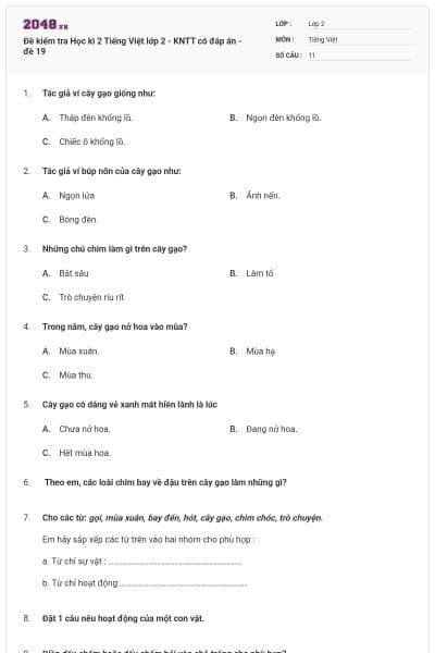 Đề kiểm tra Học kì 2 Tiếng Việt lớp 2 - KNTT có đáp án - đề 19
