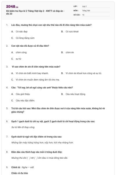 Đề kiểm tra Học kì 2 Tiếng Việt lớp 2 - KNTT có đáp án - đề 20