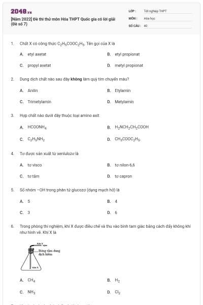 [Năm 2022] Đề thi thử môn Hóa THPT Quốc gia có lời giải (Đề số 7)