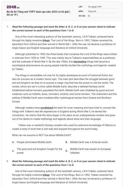 Bộ đề thi Tiếng anh THPT Quốc gia năm 2022 có lời giải ( Đề số 19 )