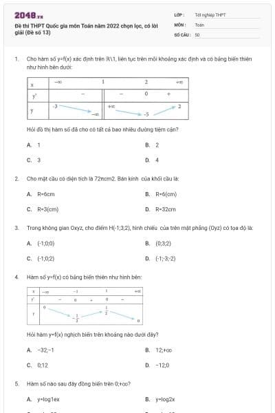 Đề thi THPT Quốc gia môn Toán năm 2022 chọn lọc, có lời giải (Đề số 13)