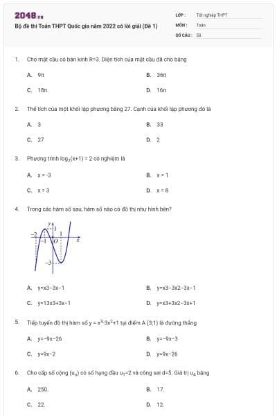 Bộ đề thi Toán THPT Quốc gia năm 2022 có lời giải (Đề 1)