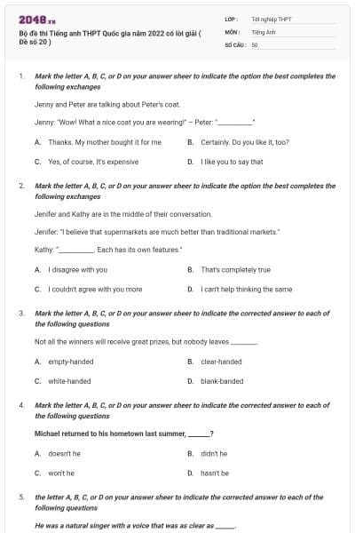 Bộ đề thi Tiếng anh THPT Quốc gia năm 2022 có lời giải ( Đề số 20 )