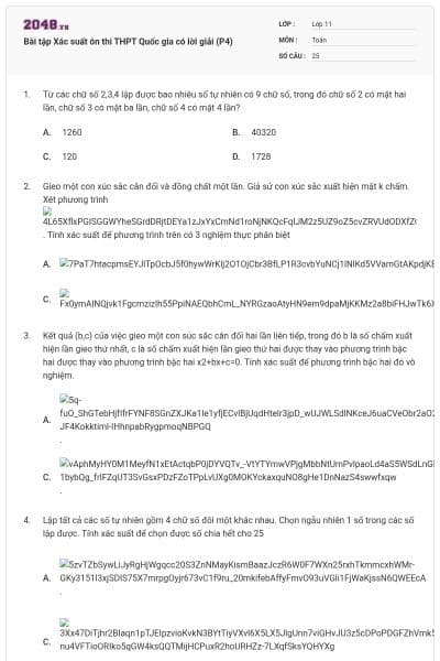 Bài tập Xác suất ôn thi THPT Quốc gia có lời giải (P4)