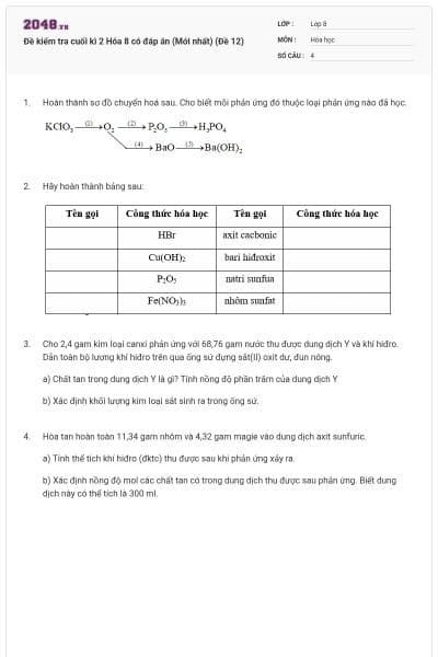 Đề kiểm tra cuối kì 2 Hóa 8 có đáp án (Mới nhất) (Đề 12)