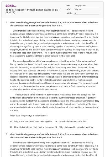 Bộ đề thi Tiếng anh THPT Quốc gia năm 2022 có lời giải ( Đề số 22 )