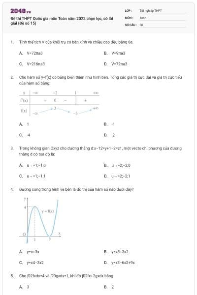 Đề thi THPT Quốc gia môn Toán năm 2022 chọn lọc, có lời giải (Đề số 15)