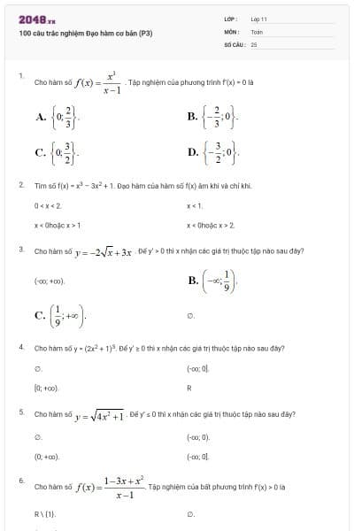 100 câu trắc nghiệm Đạo hàm cơ bản (P3)