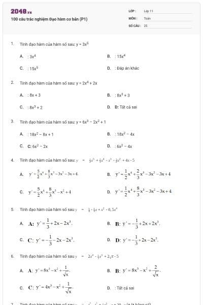100 câu trắc nghiệm Đạo hàm cơ bản (P1)