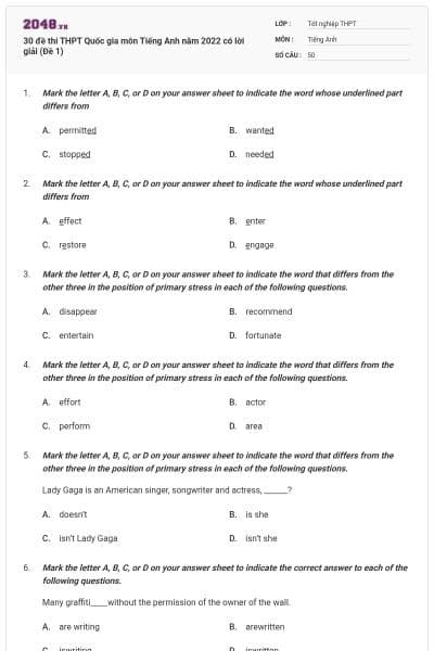 30 đề thi THPT Quốc gia môn Tiếng Anh năm 2022 có lời giải (Đề 1)