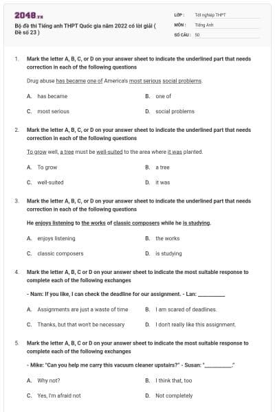 Bộ đề thi Tiếng anh THPT Quốc gia năm 2022 có lời giải ( Đề số 23 )