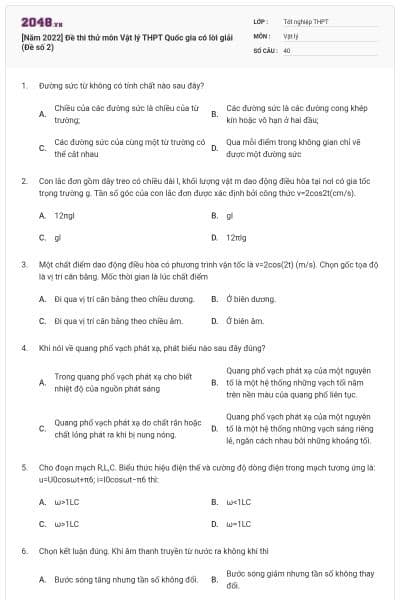 [Năm 2022] Đề thi thử môn Vật lý THPT Quốc gia có lời giải (Đề số 2)