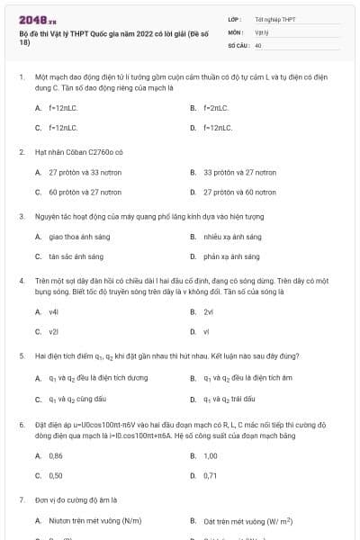 Bộ đề thi Vật lý THPT Quốc gia năm 2022 có lời giải (Đề số 18)