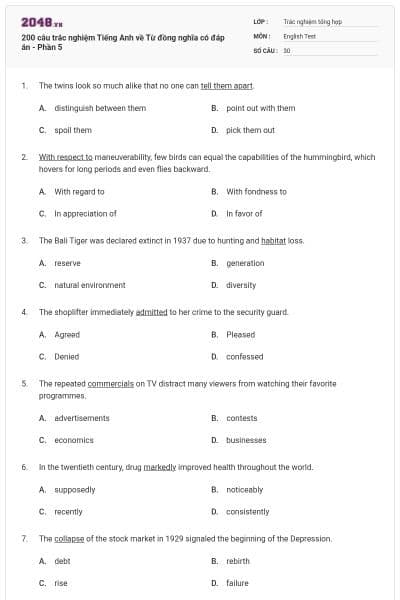 200 câu trắc nghiệm Tiếng Anh về Từ đồng nghĩa có đáp án - Phần 5