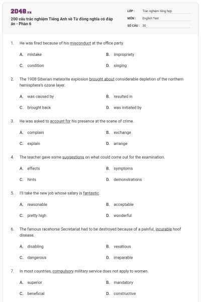 200 câu trắc nghiệm Tiếng Anh về Từ đồng nghĩa có đáp án - Phần 6