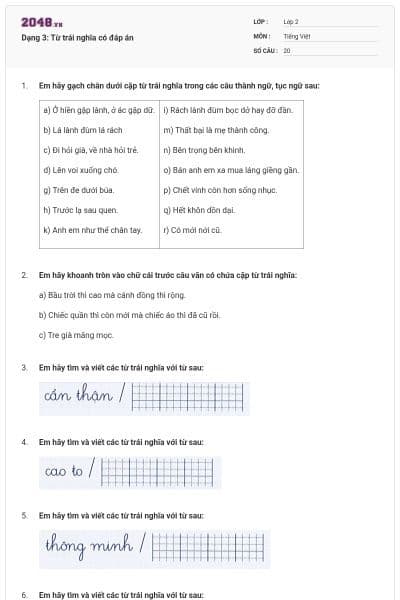 Dạng 3: Từ trái nghĩa có đáp án