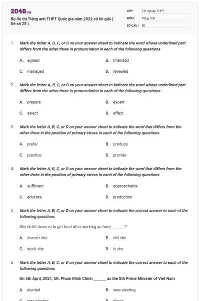 Bộ đề thi Tiếng anh THPT Quốc gia năm 2022 có lời giải ( Đề số 25 )