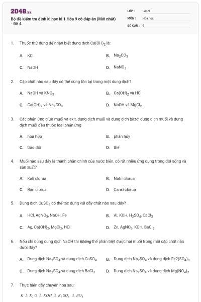 Bộ đề kiểm tra định kì học kì 1 Hóa 9 có đáp án (Mới nhất) - Đề 4