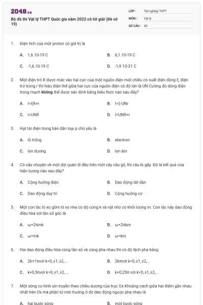 Bộ đề thi Vật lý THPT Quốc gia năm 2022 có lời giải (Đề số 19)