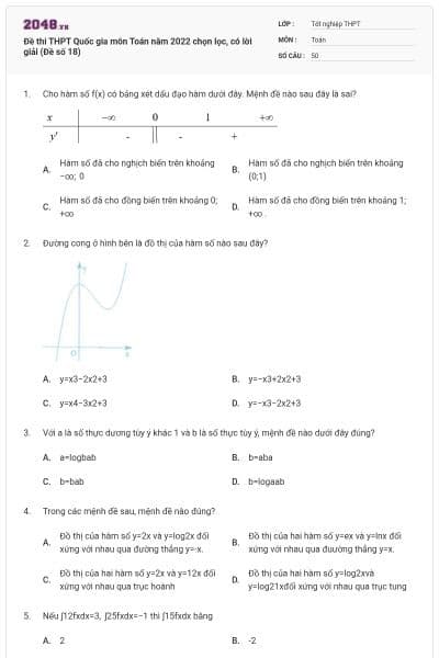 Đề thi THPT Quốc gia môn Toán năm 2022 chọn lọc, có lời giải (Đề số 18)